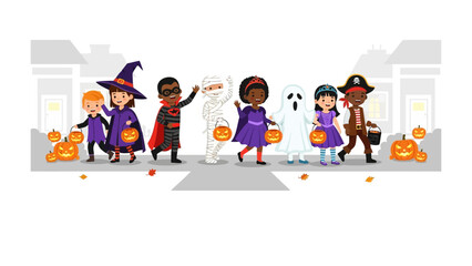 Fototapeta premium Halloween Costume Parade: A colorful illustration of children dressed in various Halloween costumes, ready for trick-or-treating on a charming, suburban street.