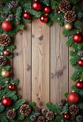 Christmas background with decorated fir tree branch border on vintage wood, flat lay