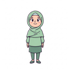 Fototapeta premium Illustration of cute cartoon girl wearing a green hijab and modest clothing