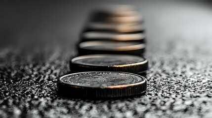 Row of silver coins on dark textured surface with selective focus and shallow depth of field creating dramatic financial composition for business concepts.