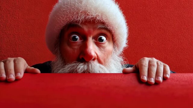 Generative AI. Elderly man with white beard and festive hat, peeking over a red surface, displaying a surprised expression, capturing a playful and whimsical holiday spirit