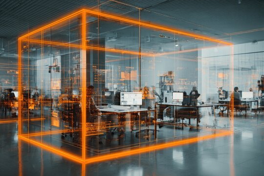 Modern office space with orange glowing cube, technology and people.
