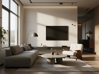 Modern Living Room with Large Window and Minimalist Furniture