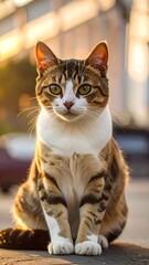A tabby cat sitting outdoors in the golden light of sunset