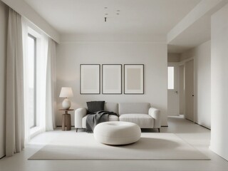 Minimalist Living Room with White Sofa and Round Pouf