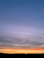 Beautiful colorful sunset sky with vibrant orange and purple clouds above dark forest silhouette