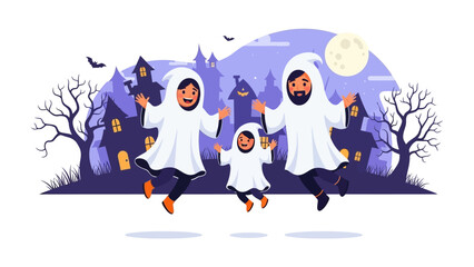 Halloween Family Fun: A cheerful family dressed as friendly ghosts leaps against a backdrop of a haunted town, with bats fluttering, and a full moon setting the magical atmosphere. 
