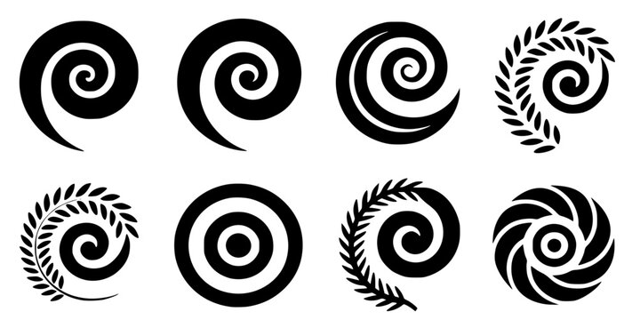 &ldquo;Maori Koru Spiral Symbol Vector Set &ndash; 8 Black Silhouette Icons, Traditional New Zealand Maori Art, Sharp Edges, Scalable Illustration&rdquo;