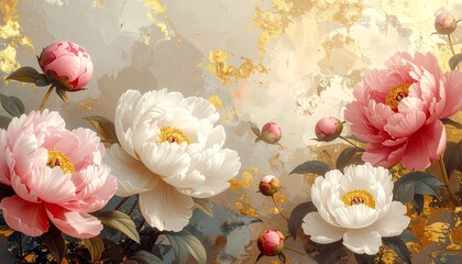 Pink and White Peony Flowers with Golden Background