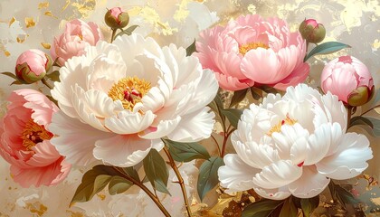 Pink and White Peony Flowers with Golden Background