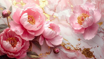 Pink Peony Flowers on Marble with Gold Texture – Elegant Floral Background