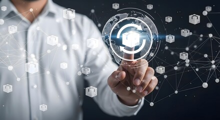 A person touching a digital interface with a box inside a circle and many boxes connected