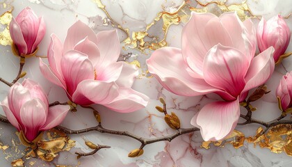 Pink Magnolia Flowers on Marble and Gold Artistic Background