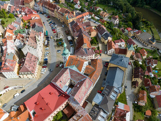 Aerial view, castle Elbogen - Loket,  with Village Loket,  Okres Sokolov,  Tschechien.