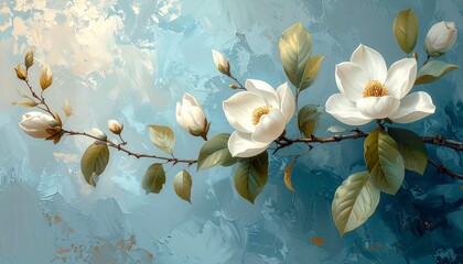 Elegant White Magnolia Flowers on Blue Artistic Background