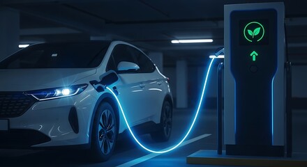 Electric Car Charging at Night.