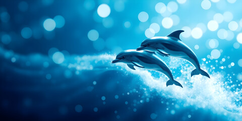 Fototapeta premium blue abstract bokeh background inspired by dolphins leaping through glowing ocean waves, highlighted by shimmering bubbles.