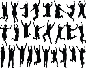 Silhouettes of People Jumping in Various Poses, Group of Happy Active Individuals, Excited Celebration, Dynamic Motion, Freedom Expression, Energetic Lifestyle, Joyful Black Figures on White