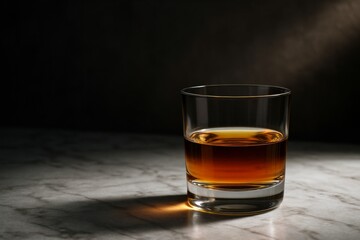 Glass of amber whiskey placed on marble surface with dramatic light and abstract dark background, showcasing elegance and simplicity. Ai generative