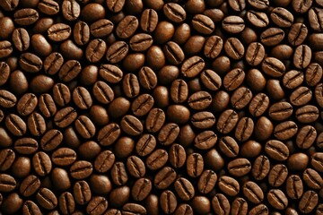 Naklejka premium Close-up of roasted coffee beans with warm directional light creating texture-rich background concept for caffeine and energy themes. Ai generative