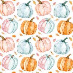 Watercolor seamless pattern with orange, pink and blue pumpkins