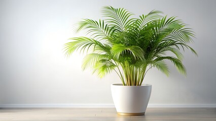 Fototapeta premium Elegant Areca Palm in White Pot Against a Textured White Wall
