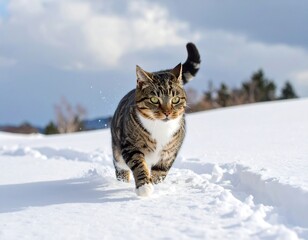 A tabby cat strides across snowy terrain