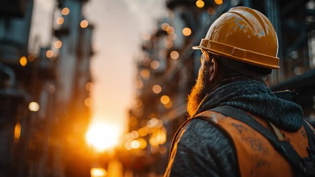 Steelworker Contemplation: A grizzled steelworker, adorned in a protective helmet, and vest stands in the heart of an industrial plant.