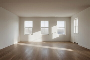 Empty room with three windows and wooden floor