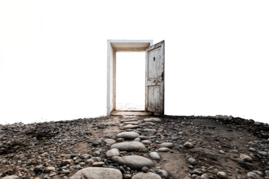 An old, weathered door stands open on stone path. Isolated on a transparent background
