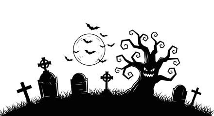 Fototapeta premium Monstrous haunted tree with glowing eyes in a creepy cemetery under a full moon with bats