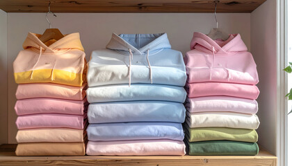 Neatly Folded Stack of Pastel Colored Hoodies and Shirts on a Wooden Shelf.