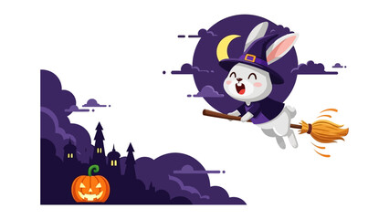 Spooky bunny witch's flight: A whimsical cartoon bunny witch takes flight on a broom, soaring across the Halloween night sky filled with moon and stars, the spooky vibes begin.