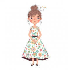 Illustration of cute girl in a floral dress