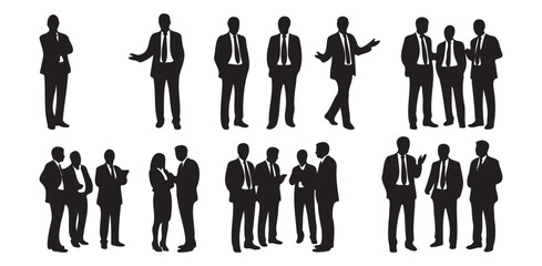 Silhouettes of diverse business professionals in various poses and groupings, isolated on a white background.


