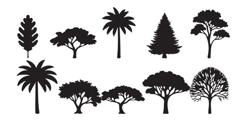 Variety of black tree and leaf silhouettes, including evergreen, palm, and deciduous trees, isolated on a white background.

