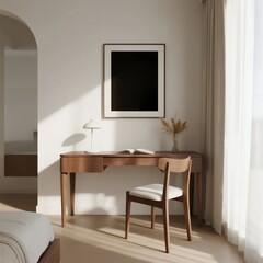 Minimalist Wooden Desk with White Chair in Bright Room