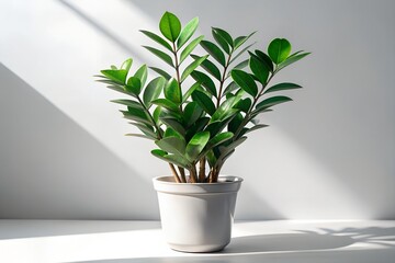 Fototapeta premium Zamioculcas Zamiifolia Plant in Pot with Sunlight and Shadow