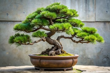 Japanese Bonsai Tree with Green Foliage Against a Textured Wall