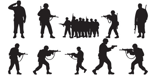 Collection of military soldier silhouettes in various poses, including saluting, aiming rifles, and standing guard, isolated on a white background.


