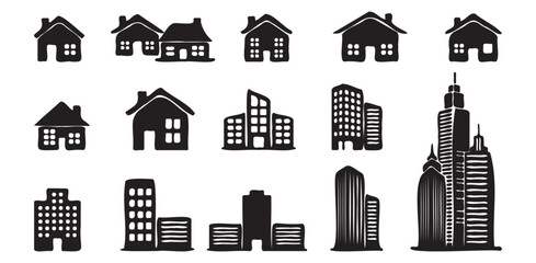 Collection of various house, building, and skyscraper silhouettes, representing real estate, architecture, and urban life.

