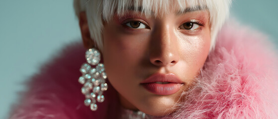Christmas and generation alpha: Portrait, face, young woman, she exudes confident gaze, adorned with statement earrings and faux fur collar, stylish attitude
