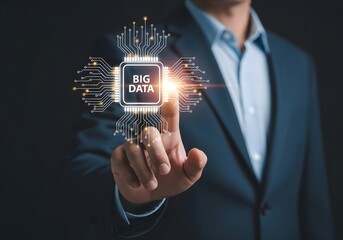 Man in suit touching a digital representation of a chip with the words big data on it shown