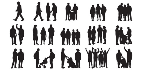 Crowd of diverse people silhouettes in various poses and groupings, including families, individuals, and friends, isolated on a white background.

