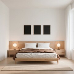 Modern minimalist bedroom with wooden bed and wall decor
