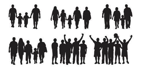 Silhouettes of various family and friend groups, including parents and children, isolated on a white background.

