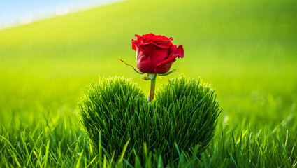 Single red rose blooms from heart shaped green bush in sunny field