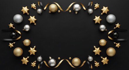 Elegant Christmas Ornament Frame on Black Background.