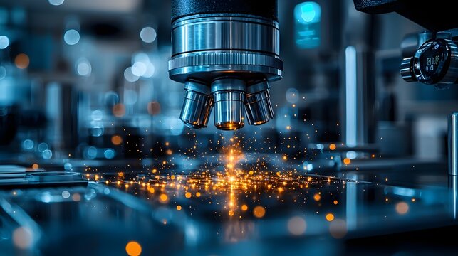 Microscope with glowing sparks signifies advanced scientific research and precision technology in an industrial setting
