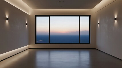 Spacious room with large window offering sea view at sunset